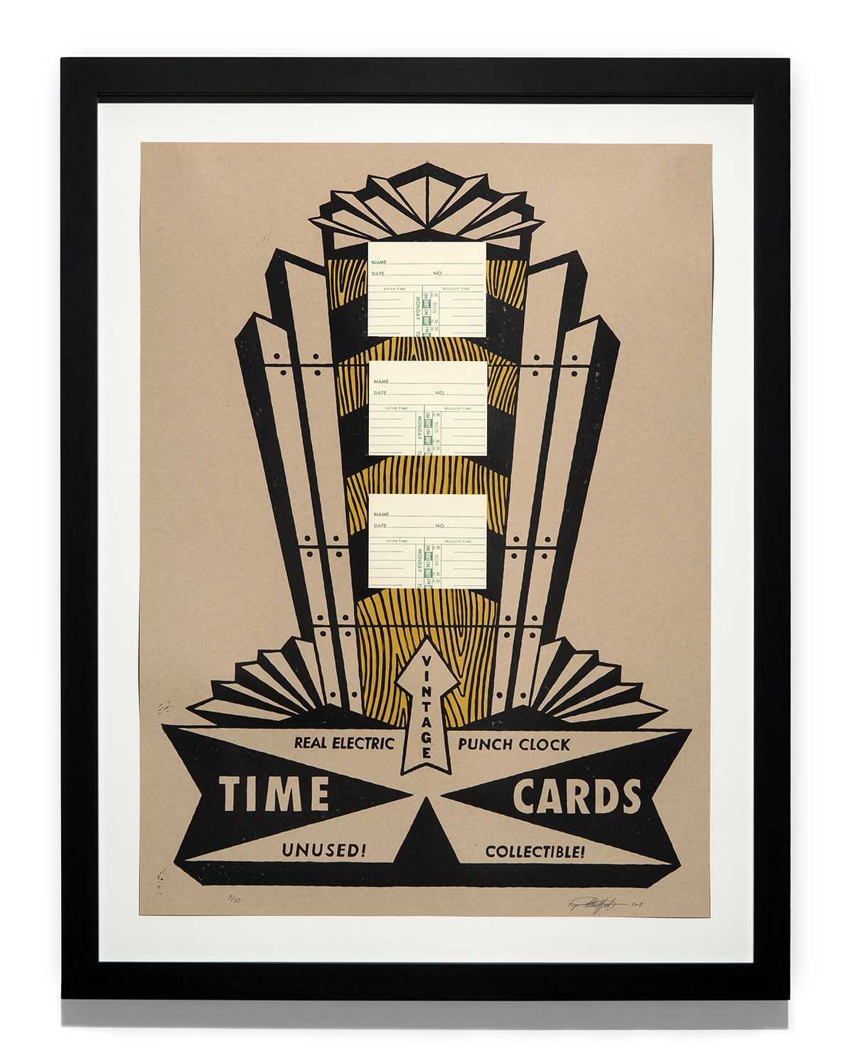 VINTAGE TIME CARDS / relief print with hand coloring and collage / 23 x 17 inches, edition of 25 / 2019